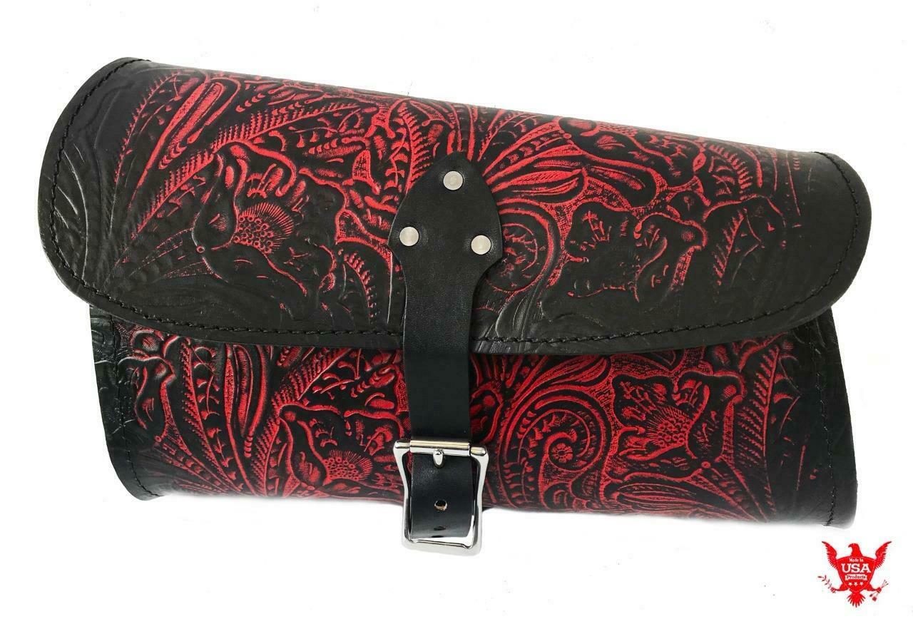 2015-2020 Indian Scout Bobber Swing Arm Saddle Bag Antique Red Tooled Leather - Mother Road Customs