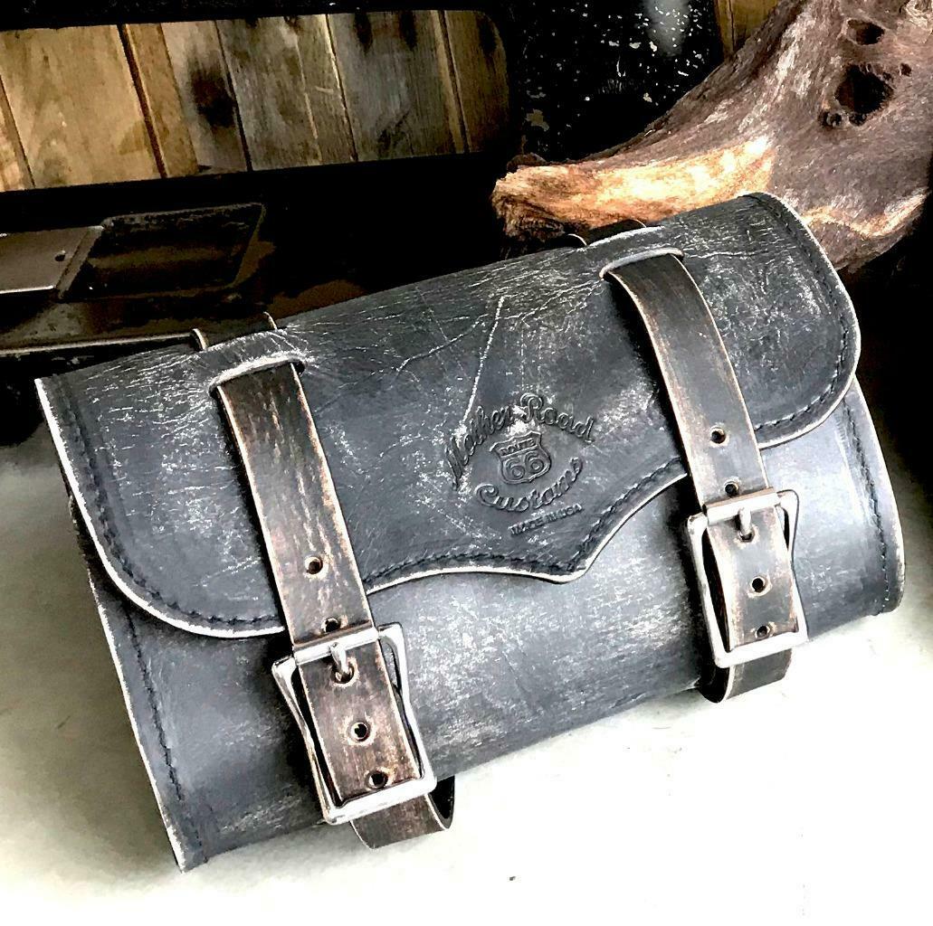 Tool Roll Bag Saddle Harley Chopper Bobber Motorcycle Black Distressed Leather - Mother Road Customs