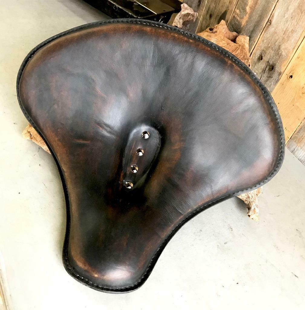 Spring Solo Tractor Seat 15x14" Black Dist Leather Harley Sportster Indian Scout - Mother Road Customs