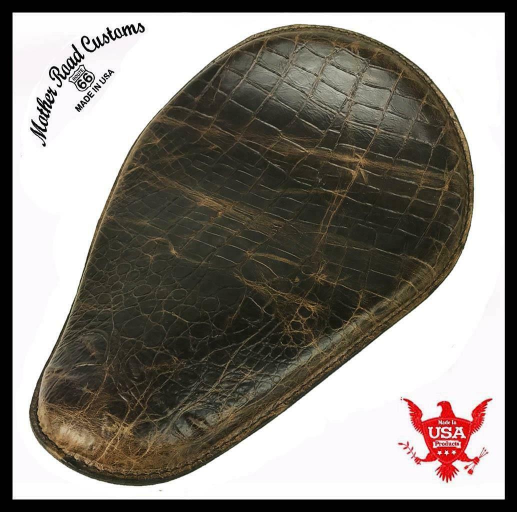 Spring Solo Seat 10x13 Brn Dist Alligator Leather Chopper Harley Sportster Honda