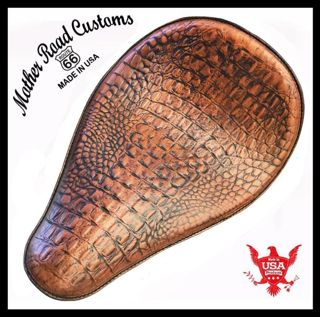 Spring Solo Seat Chopper Bobber Harley Softail 11x16 Ant Tan Alligator Leather