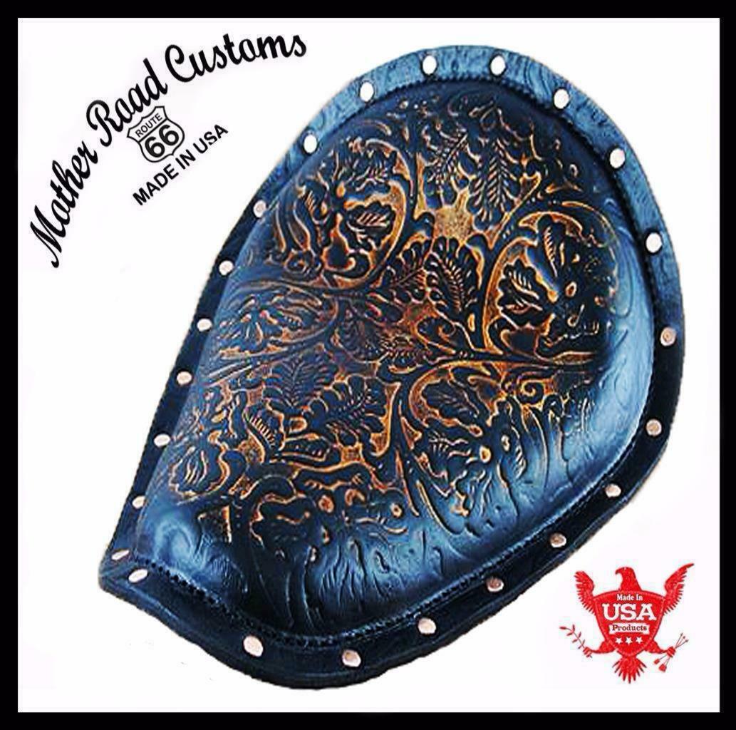 Spring Seat Harley Sportster Chopper 11x14x1" Ant Br Oak Leather Copper Rivets