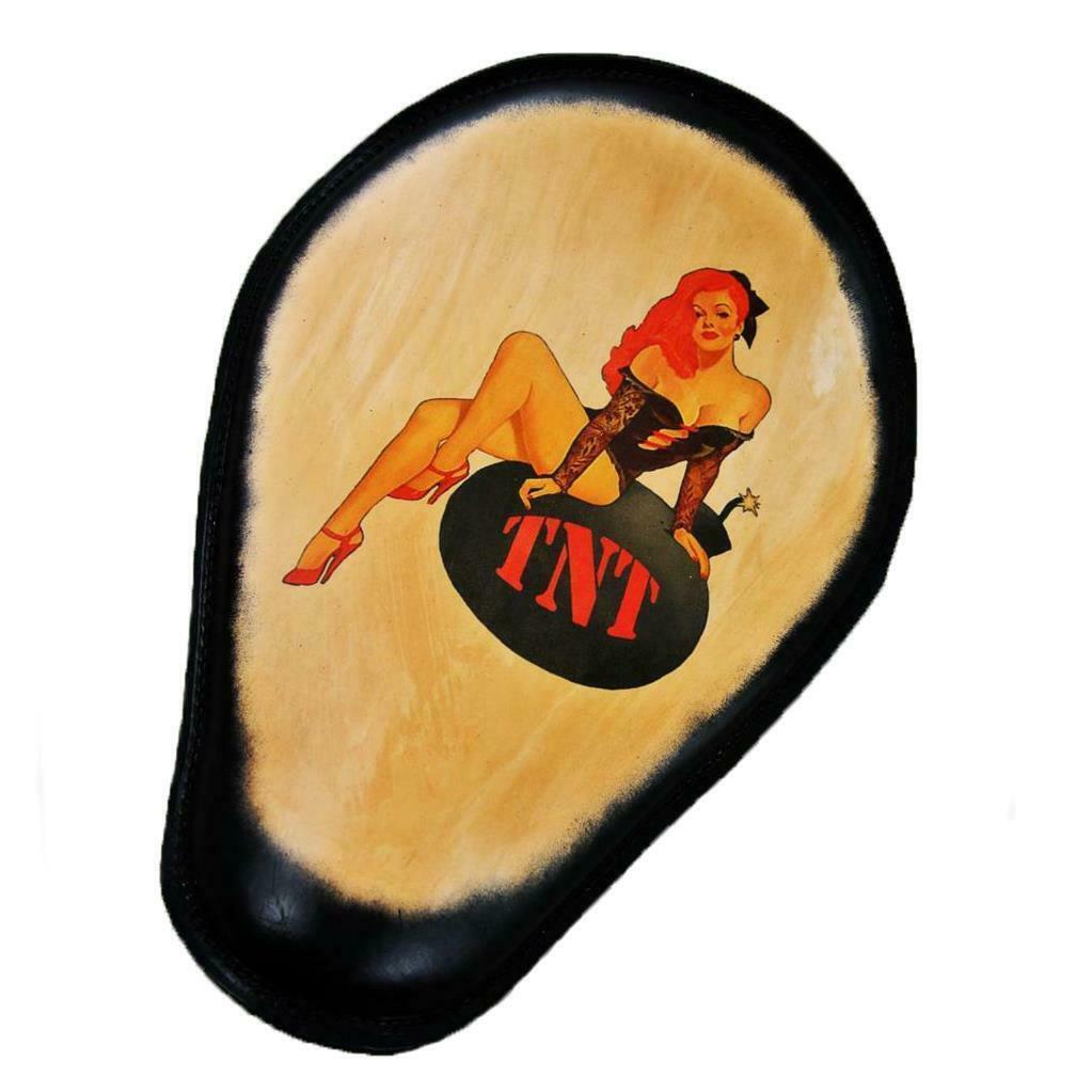 TNT Pin Up Tattoo Spring Seat Black Frame Leather Chopper Harley Sportster - Mother Road Customs