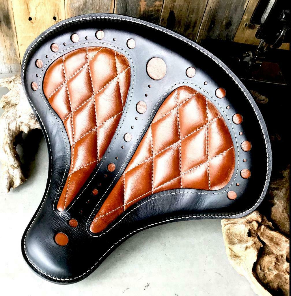 Spring Seat Harley Softail Indian Scout Bobber 15x14" Blk Tan Diamond Window