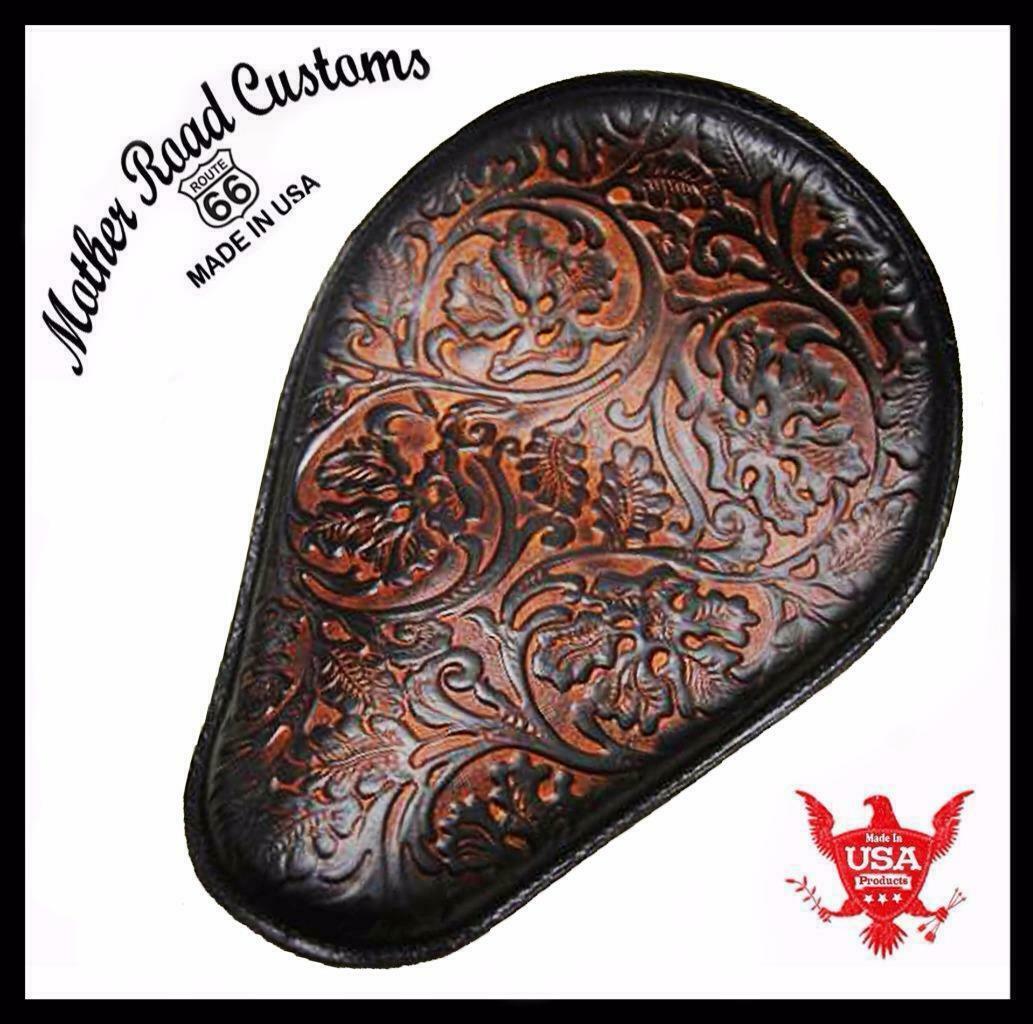Spring Seat Chopper Bobber Harley Sportster Honda 10x13 Ant Brown Oak Leaf Leather - Mother Road Customs