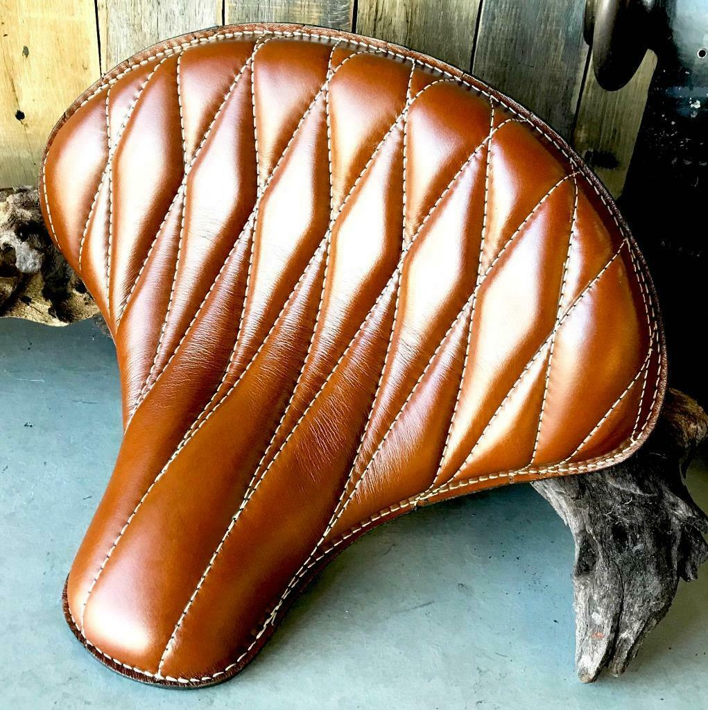 Spring Solo Tractor Seat Chopper Scout Bobber Harley 15x14 Tan Diamond Leather - Mother Road Customs