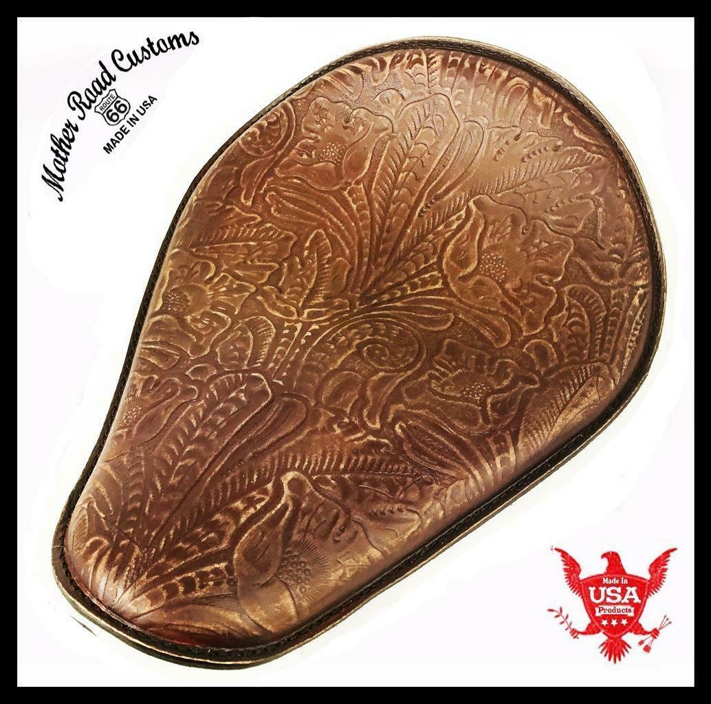 Spring Seat Chopper Bobber Harley Sportster Honda 10x13 Brn Dis Tooled Leather - Mother Road Customs