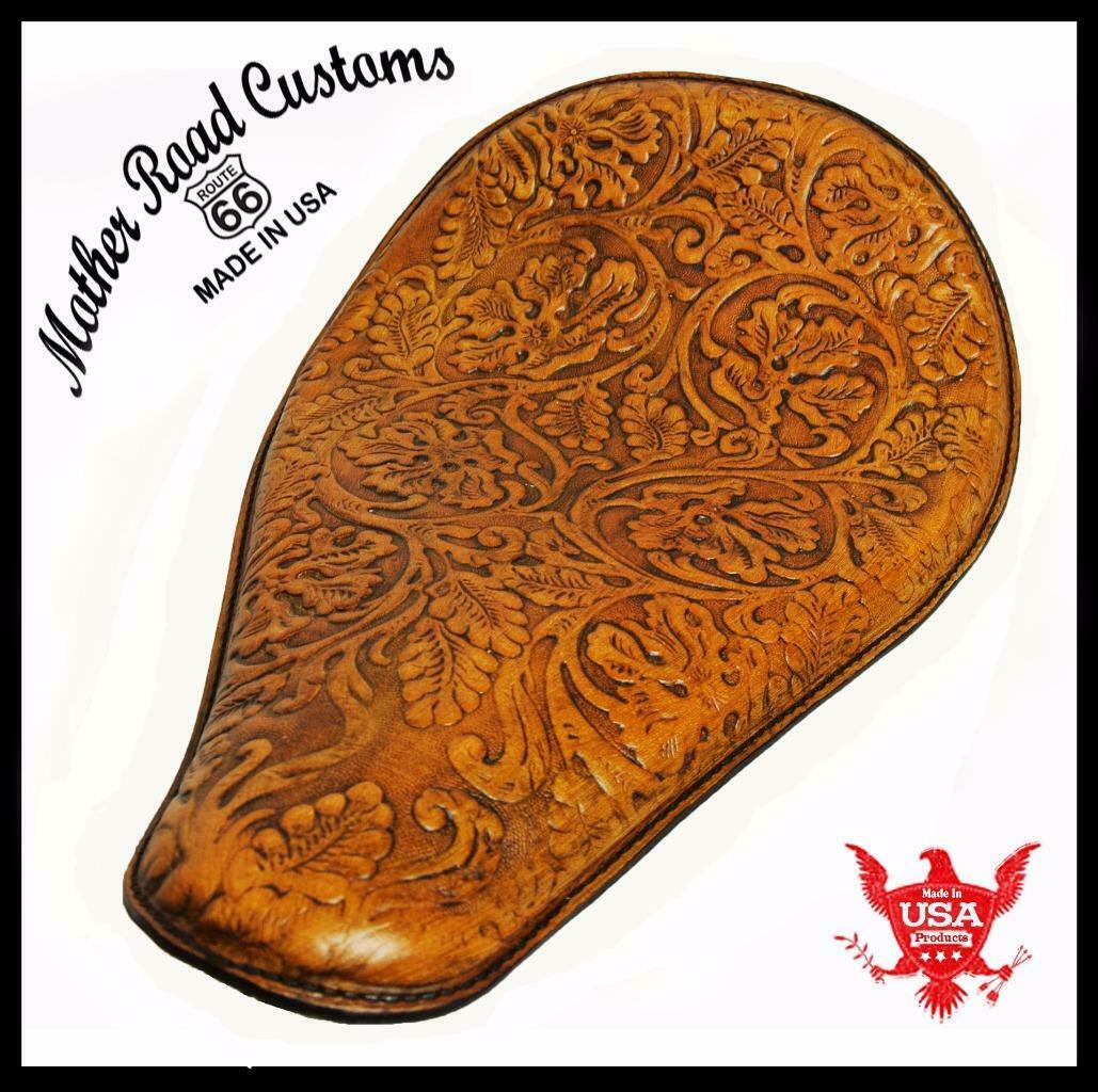 Spring Solo Seat Chopper Bobber Harley Softail 11x16 Ant Tan Oak Leaf Leather
