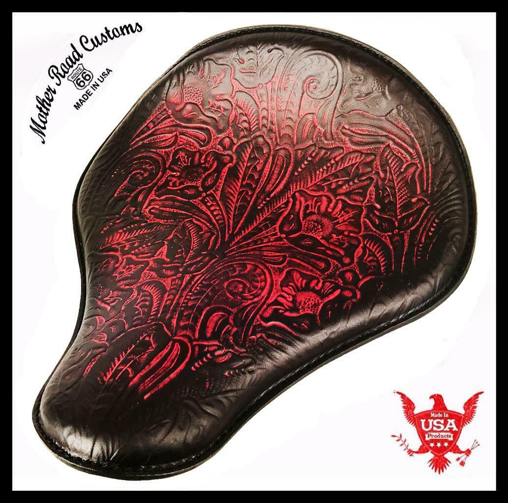 Spring Seat Chopper Bobber Harley Sportster Honda 12x13 Ant Red Tooled Leather - Mother Road Customs