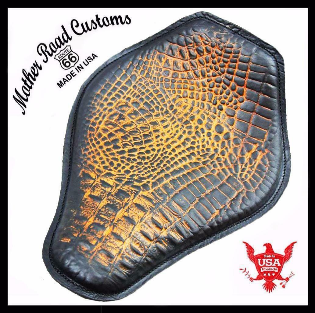 Spring Seat Chopper Bobber Harley Sportster 10x13 AntBrn Gator Snub Nose Leather - Mother Road Customs