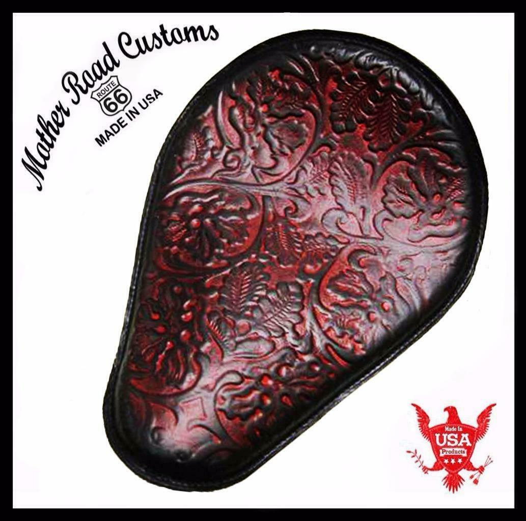 Spring Seat Chopper Bobber Harley Sportster Honda 11x14 AntRed Oak Leaf Leather - Mother Road Customs