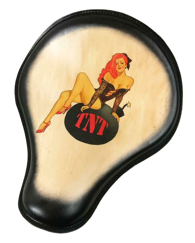 Spring Solo Leather Seat Chopper Sportster Harley 12x13" TNT PinUp Tattoo Blk