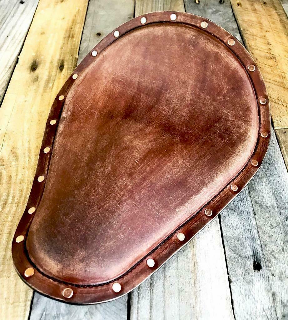 Seat Chopper Bobber Harley Sportster Brown Distressed Leather Copper Rivets USA! - Mother Road Customs