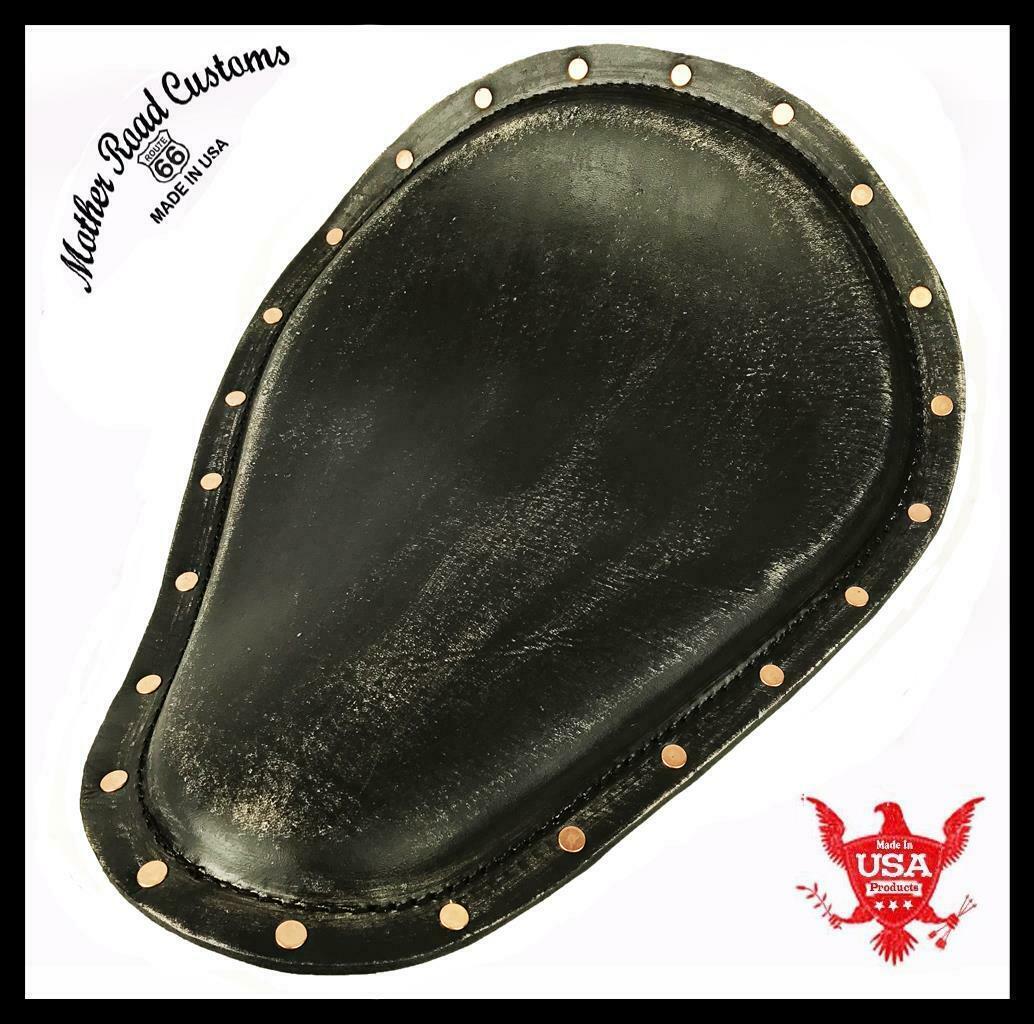 Spring Solo Seat Harley Sportster Chopper 12x15 Black Dist Leather Copper Rivets