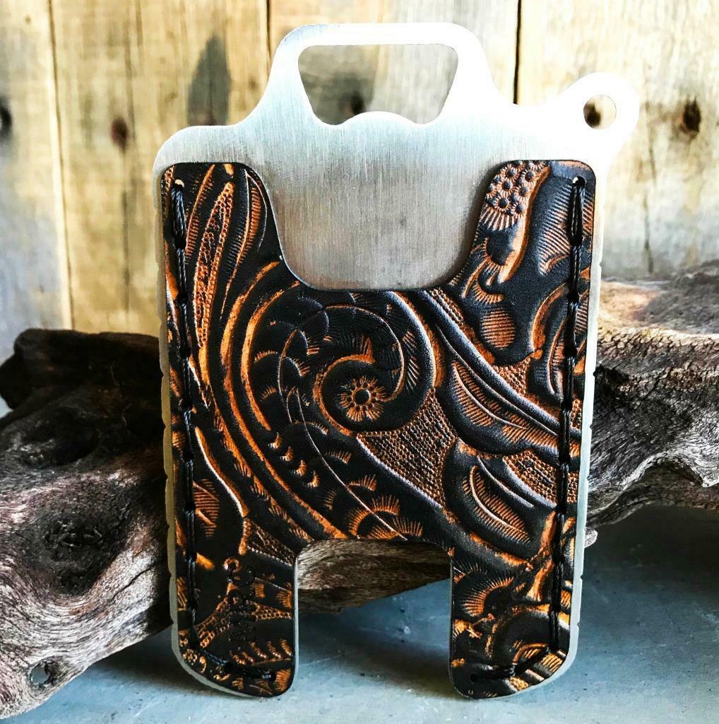 Hawk One Minimalist Men's Women's Ant Brn Tooled Leather Stainless Steel Wallet - Mother Road Customs