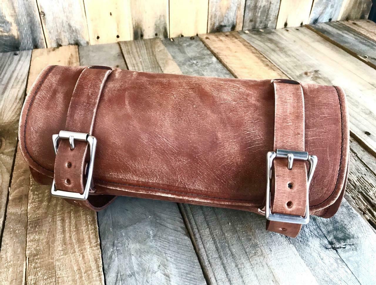 Tool Roll Harley Sportster Softail Chopper Bobber Indian Spring Seat Brown Distressed Leather