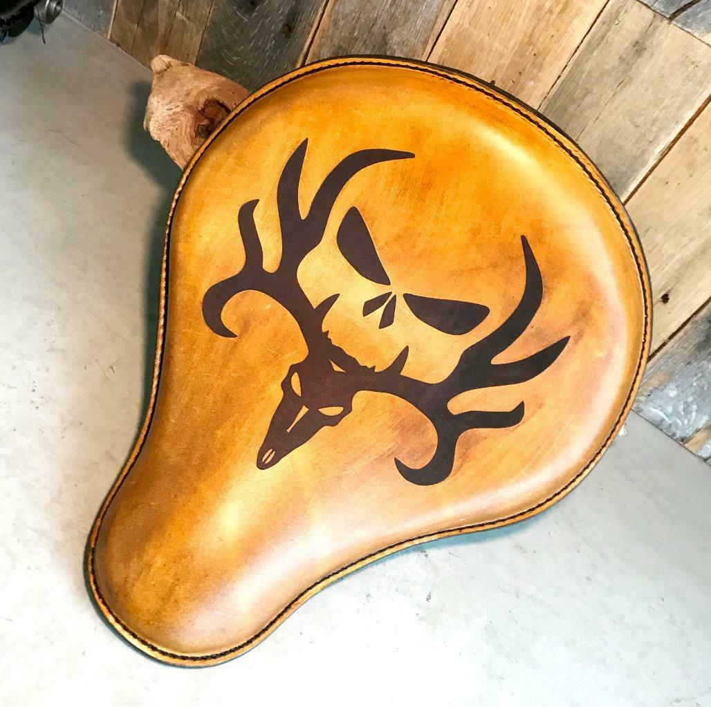 Seat Chopper Sportster Harley 12x13" Deer Skull Engraved Tooled Spring Leather - Mother Road Customs