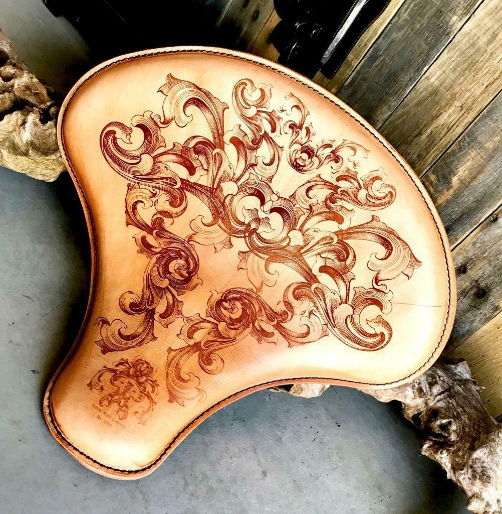 Spring Seat 15x14 Gun Tooled Leather Tractor Bobber Harley Softail Indian Scout - Mother Road Customs