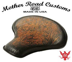 Spring Seat Chopper Bobber Harley Sportste 15x14 Tractor Ant Brn Tooled Leather - Mother Road Customs