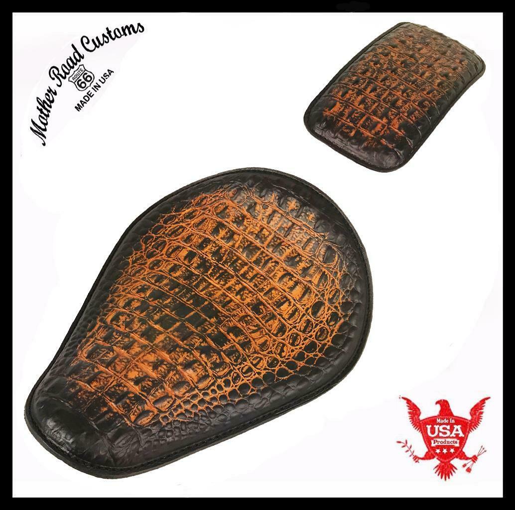 Spring Seat P-Pad Harley Sportster Chopper Bobber 10x13 AntBr Alligator Leather