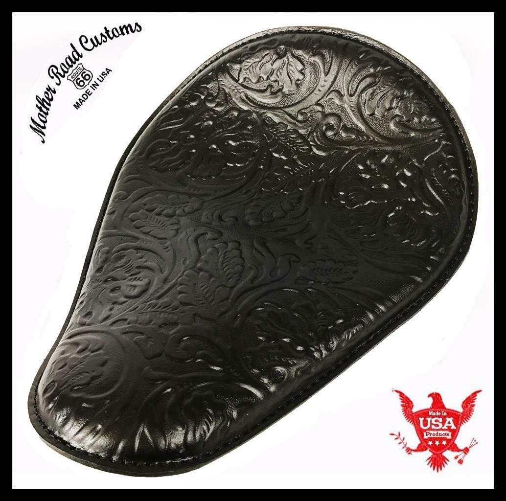 Spring Seat Chopper Bobber Harley Sportster Honda 11x14 Black Oak Leaf Leather - Mother Road Customs