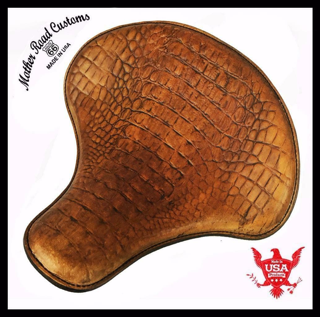 Solo Seat Chopper Sportster Harley Chopper Spring 15x14" Ant Tan Alligator Leath - Mother Road Customs