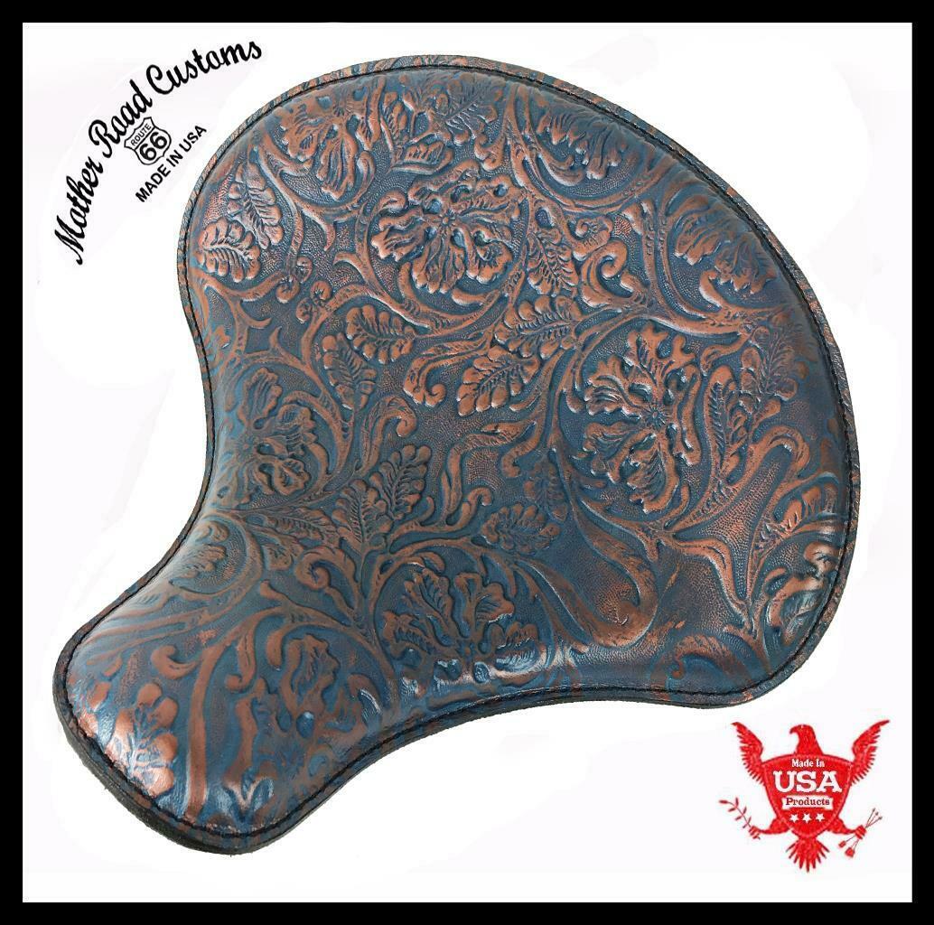15x14" Blue Copper Oak Leaf Chopper Sportster Harley Chopper Spring Solo Seat - Mother Road Customs