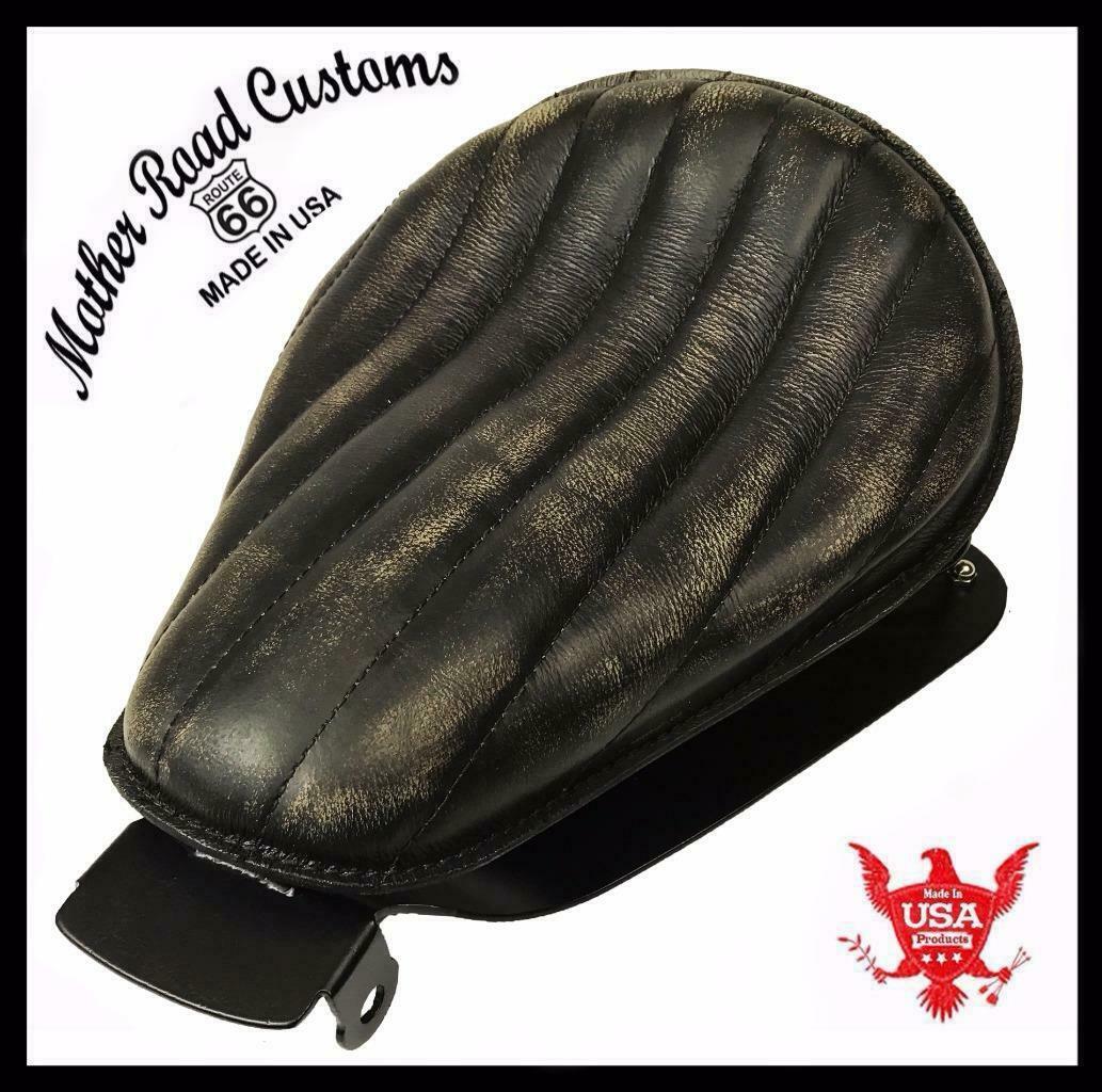 2004-2006 Harley Sportster Spring Solo Seat Chopper Black Dist Leather tuck Roll - Mother Road Customs